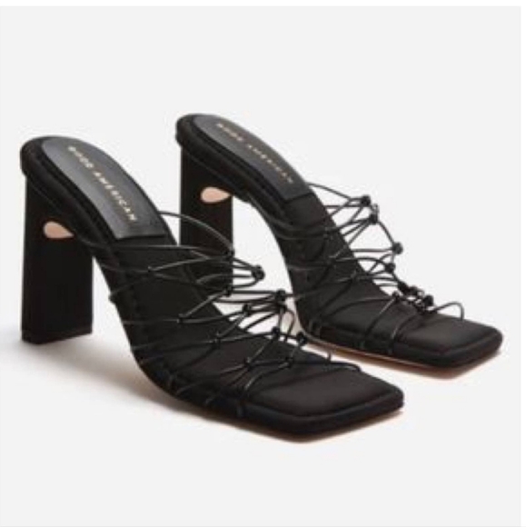 NIB Good American Knotted Strapy Heeled Mules Slides in Black - Picture 2 of 5
